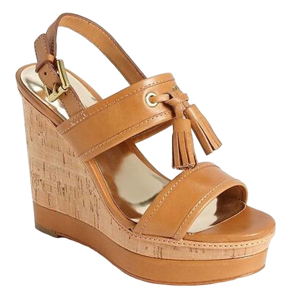 Coach GUILEIETTA Tassel Cork Wedge Sandal Pump Heel Shoe Tan/Brown 5/11 New
